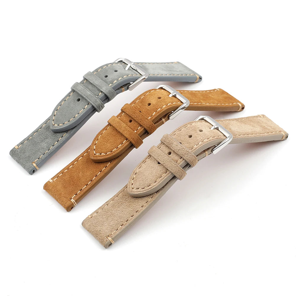 Handmade Suede Leather Watchband 18mm 20mm 22mm 24mm Vintage Watch Strap Replacement Tan Gray Beige Color for Men Women Watches