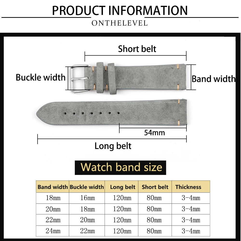 Handmade Suede Leather Watchband 18mm 20mm 22mm 24mm Vintage Watch Strap Replacement Tan Gray Beige Color for Men Women Watches