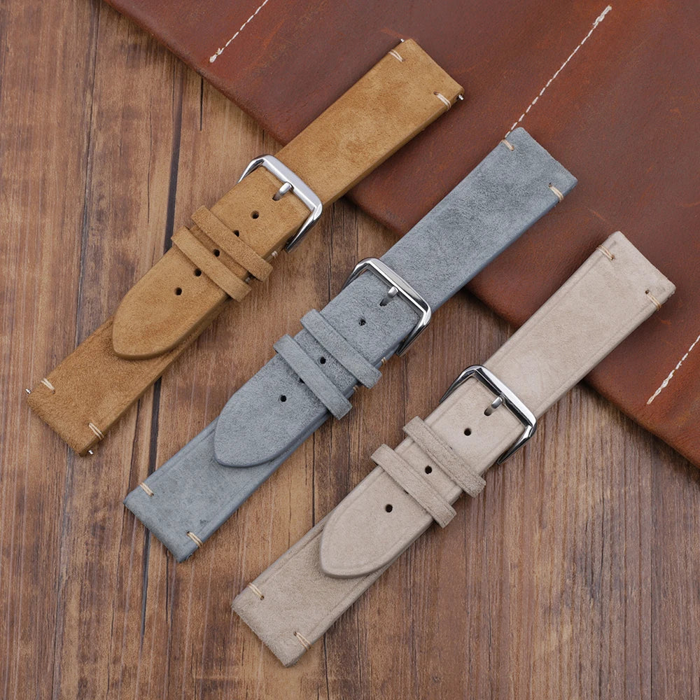 Handmade Suede Leather Watchband 18mm 20mm 22mm 24mm Vintage Watch Strap Replacement Tan Gray Beige Color for Men Women Watches