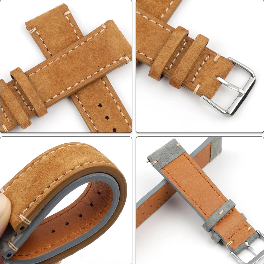 Handmade Suede Leather Watchband 18mm 20mm 22mm 24mm Vintage Watch Strap Replacement Tan Gray Beige Color for Men Women Watches