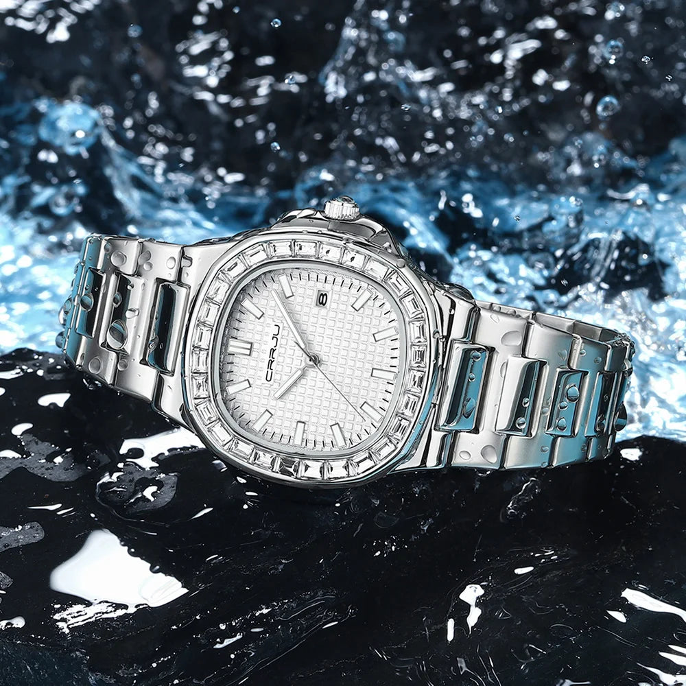 CRRJU Casual Business Diamond Clock Men Luxury Watch Automatic Watches Mens New Fashion Quartz Wristwatches Relogio Masculino