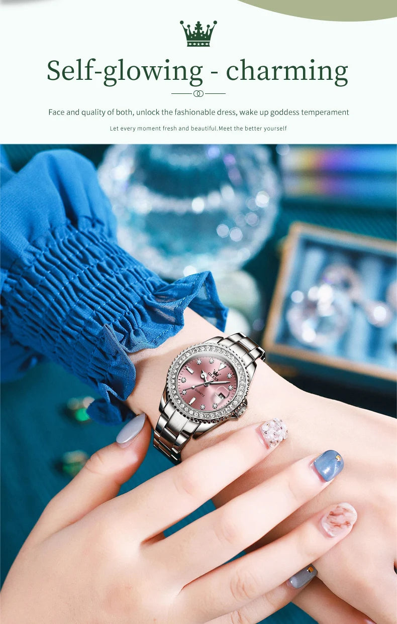 OLEVS Original Diamond Dial Quartz Watch for Women Fashion Elegant Ladies Watches Stainless Steel Waterproof Women's Wristwatch
