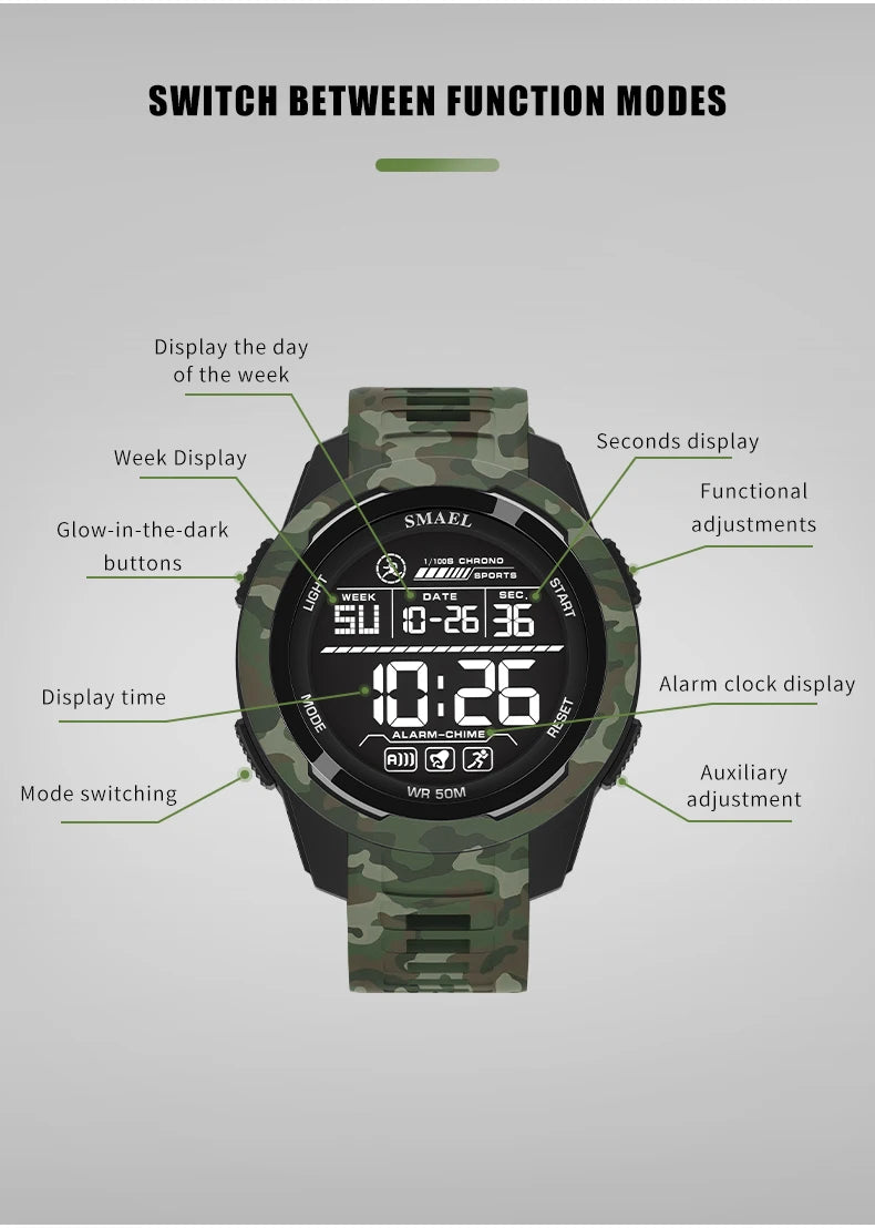 SMAEL Watch 8105 Camo Strap Men Sports Multifunctional Watches Waterproof Shock Digital Display LED Wristwatch for Man
