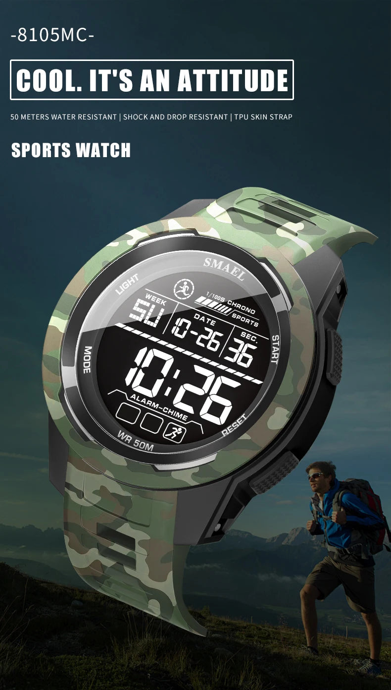 SMAEL Watch 8105 Camo Strap Men Sports Multifunctional Watches Waterproof Shock Digital Display LED Wristwatch for Man