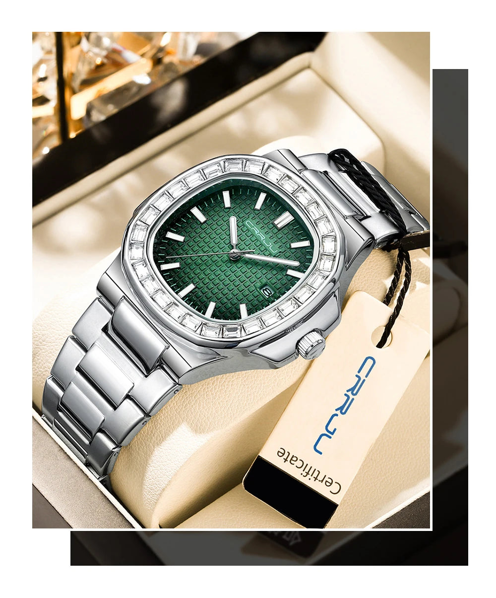CRRJU Casual Business Diamond Clock Men Luxury Watch Automatic Watches Mens New Fashion Quartz Wristwatches Relogio Masculino