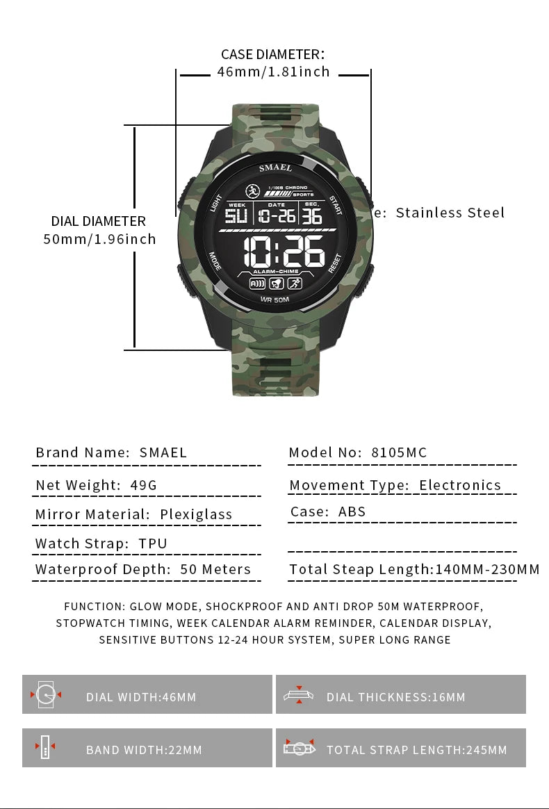 SMAEL Watch 8105 Camo Strap Men Sports Multifunctional Watches Waterproof Shock Digital Display LED Wristwatch for Man