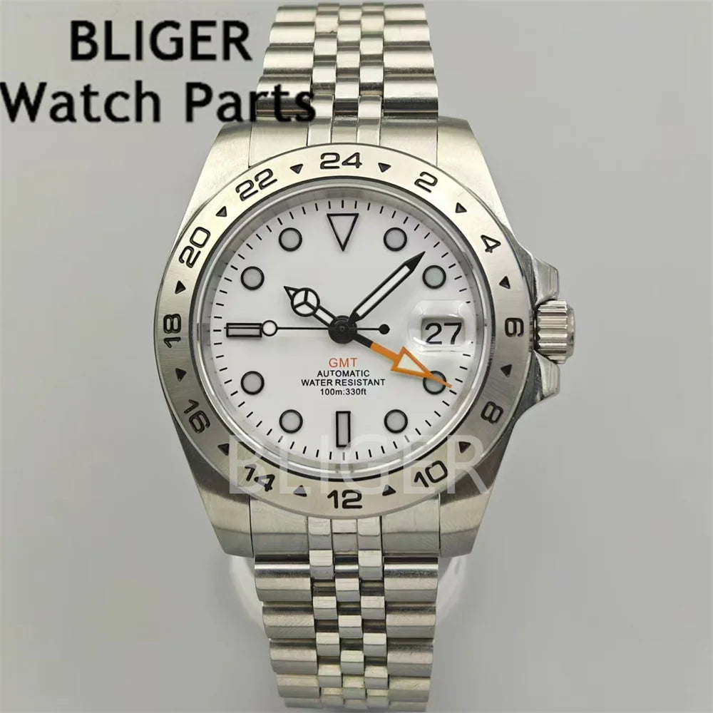 BLIGER NH34 GMT 40mm Luxur Mens Watches Mechanical Stainless Steel Waterproof Orange GMT Mark Sapphire Reloj Man for Watch