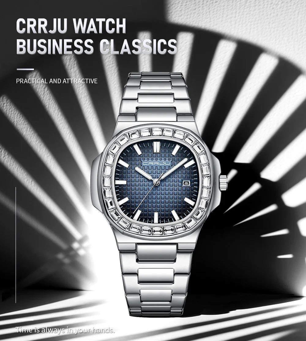 CRRJU Casual Business Diamond Clock Men Luxury Watch Automatic Watches Mens New Fashion Quartz Wristwatches Relogio Masculino