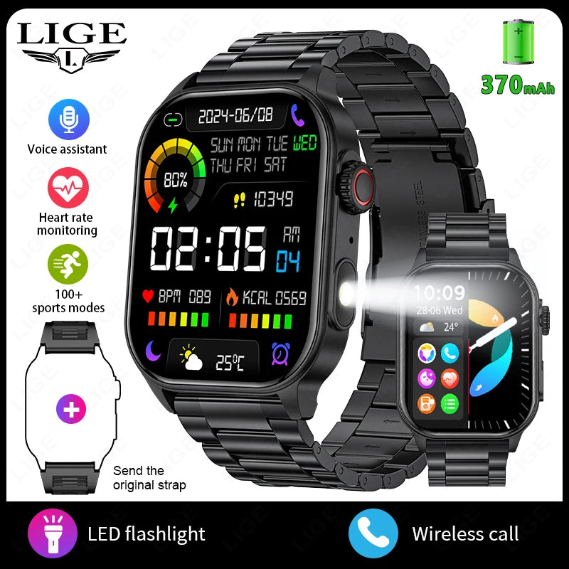 LIGE 2.01" HD Display Smart Watch For Men Women Health Monitor Sports Fitness Watches AI Voice Bluetooth Call Man Smartwatch New