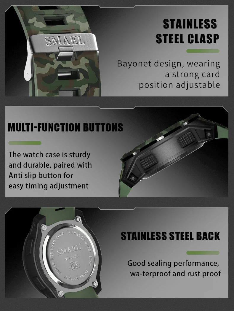 SMAEL Watch 8105 Camo Strap Men Sports Multifunctional Watches Waterproof Shock Digital Display LED Wristwatch for Man