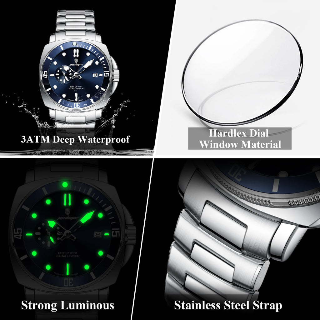 POEDAGAR Original Luxury Men's Watches Luminous Waterproof Date Business Watch Men Stainless Steel Fashion Quartz Man Wristwatch