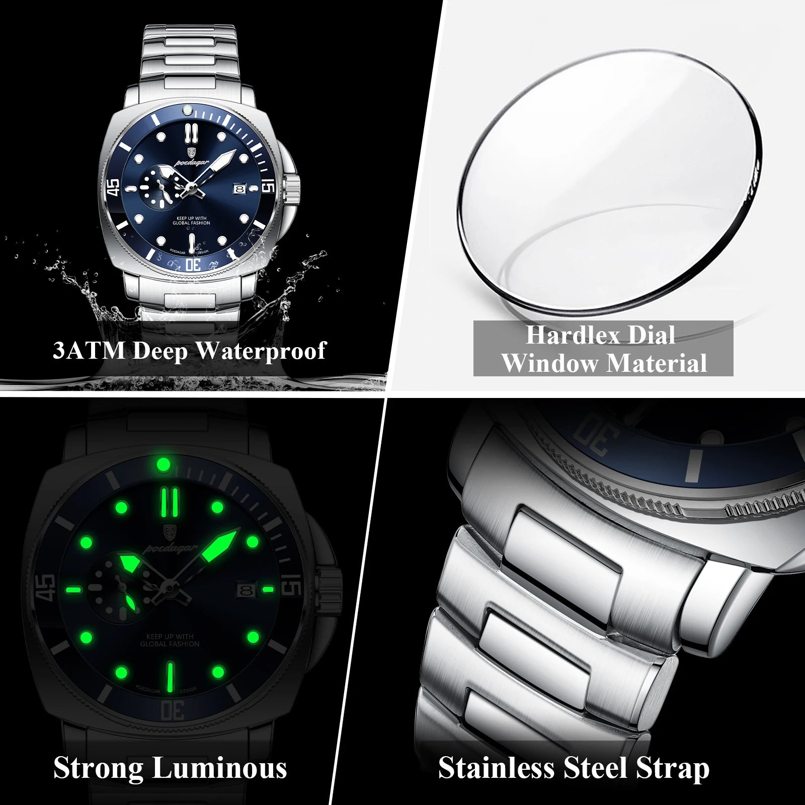 POEDAGAR Original Luxury Men's Watches Luminous Waterproof Date Business Watch Men Stainless Steel Fashion Quartz Man Wristwatch