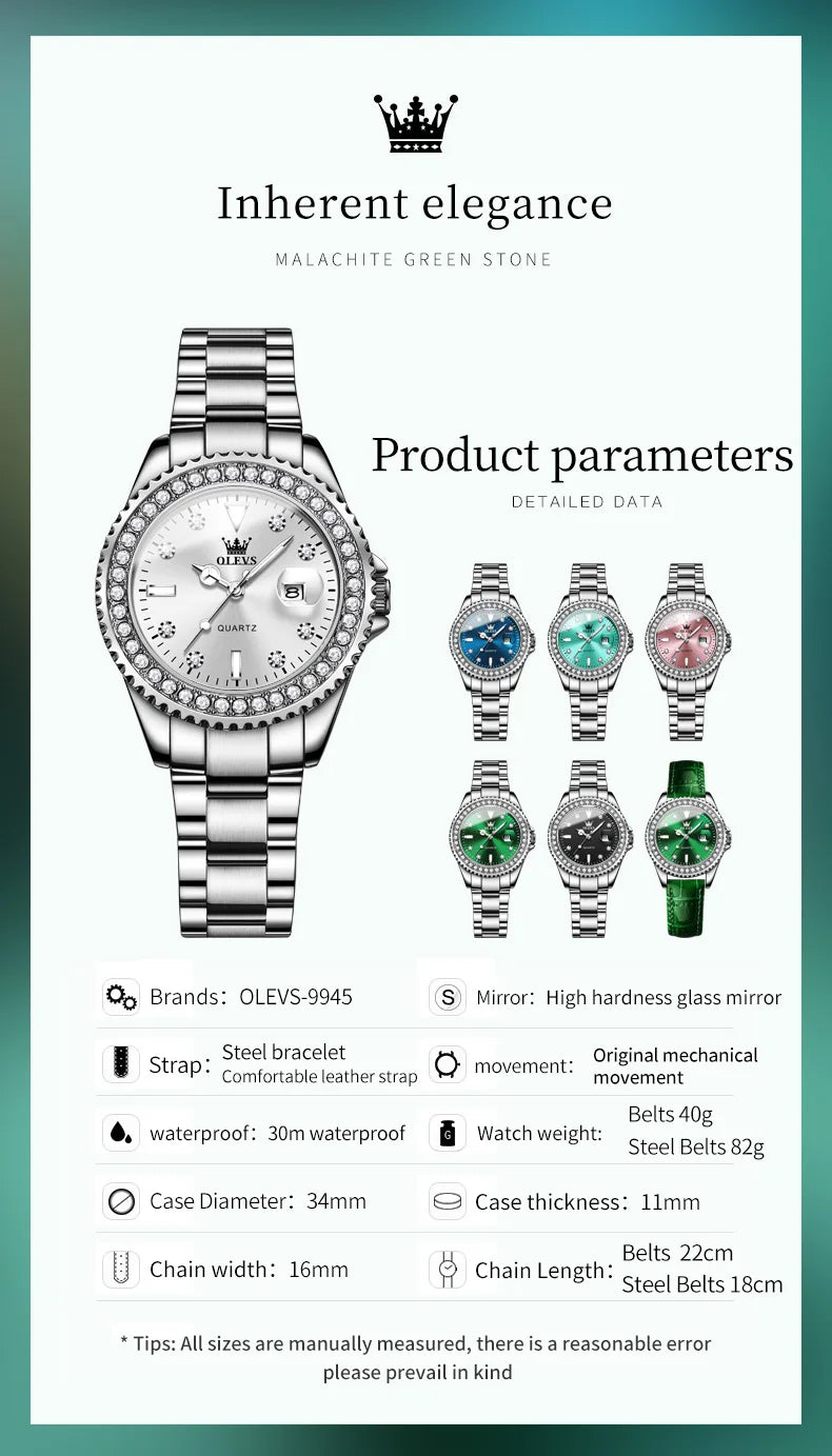 OLEVS Original Diamond Dial Quartz Watch for Women Fashion Elegant Ladies Watches Stainless Steel Waterproof Women's Wristwatch