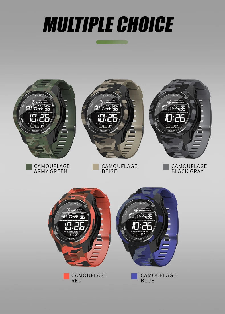 SMAEL Watch 8105 Camo Strap Men Sports Multifunctional Watches Waterproof Shock Digital Display LED Wristwatch for Man