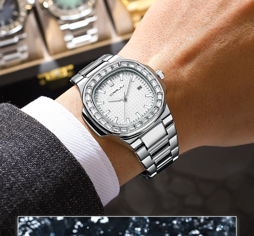 CRRJU Casual Business Diamond Clock Men Luxury Watch Automatic Watches Mens New Fashion Quartz Wristwatches Relogio Masculino