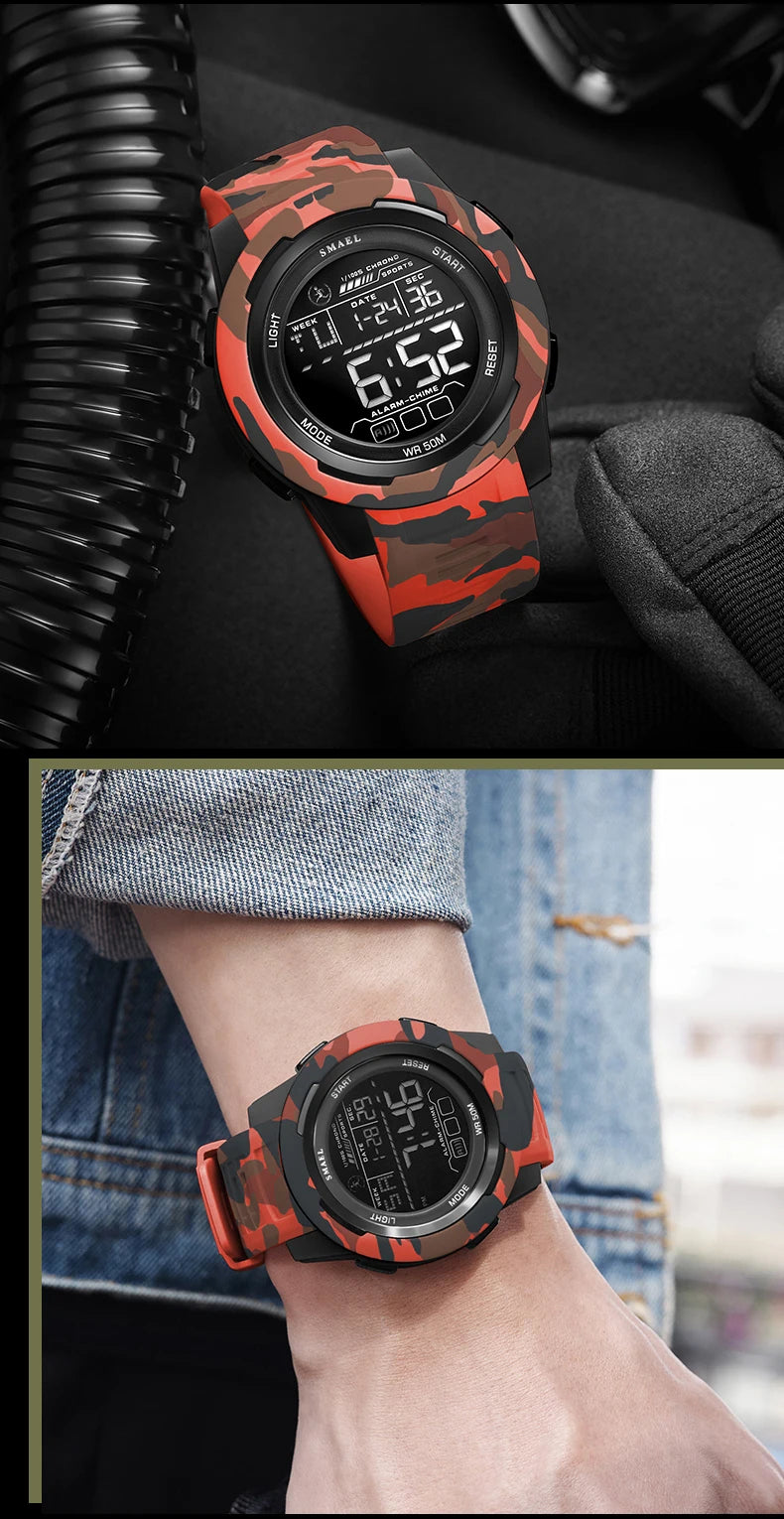SMAEL Watch 8105 Camo Strap Men Sports Multifunctional Watches Waterproof Shock Digital Display LED Wristwatch for Man