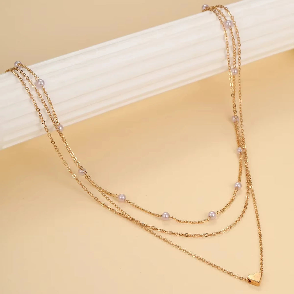 Multilayer Pearl Cross Love Heart Pendant Necklaces for Women Gold Color Fashion Collarbone Neck Chain 2024 Trend Jewelry