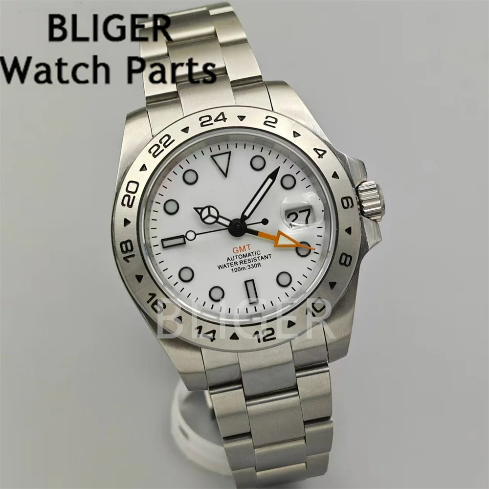 BLIGER NH34 GMT 40mm Luxur Mens Watches Mechanical Stainless Steel Waterproof Orange GMT Mark Sapphire Reloj Man for Watch