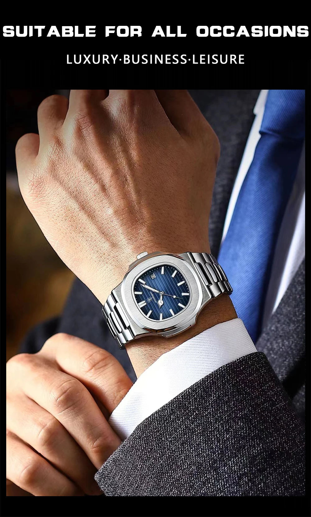 POEDAGAR Square Luxury Men Wristwatch Waterproof Luminous Date Stainless Steel Male Clock Business Sports Quartz Watches For Men