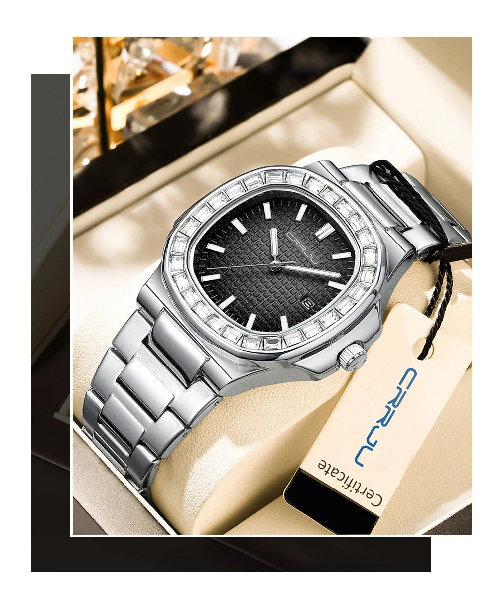 CRRJU Casual Business Diamond Clock Men Luxury Watch Automatic Watches Mens New Fashion Quartz Wristwatches Relogio Masculino