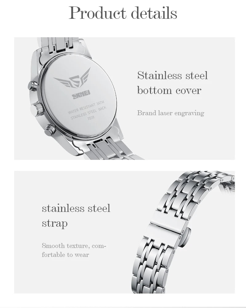 SKMEI Top Brand Luxury Full Steel Business Watches Mens 3Bar Waterproof Japan Quartz movement Calendar Wristwatches reloj hombre