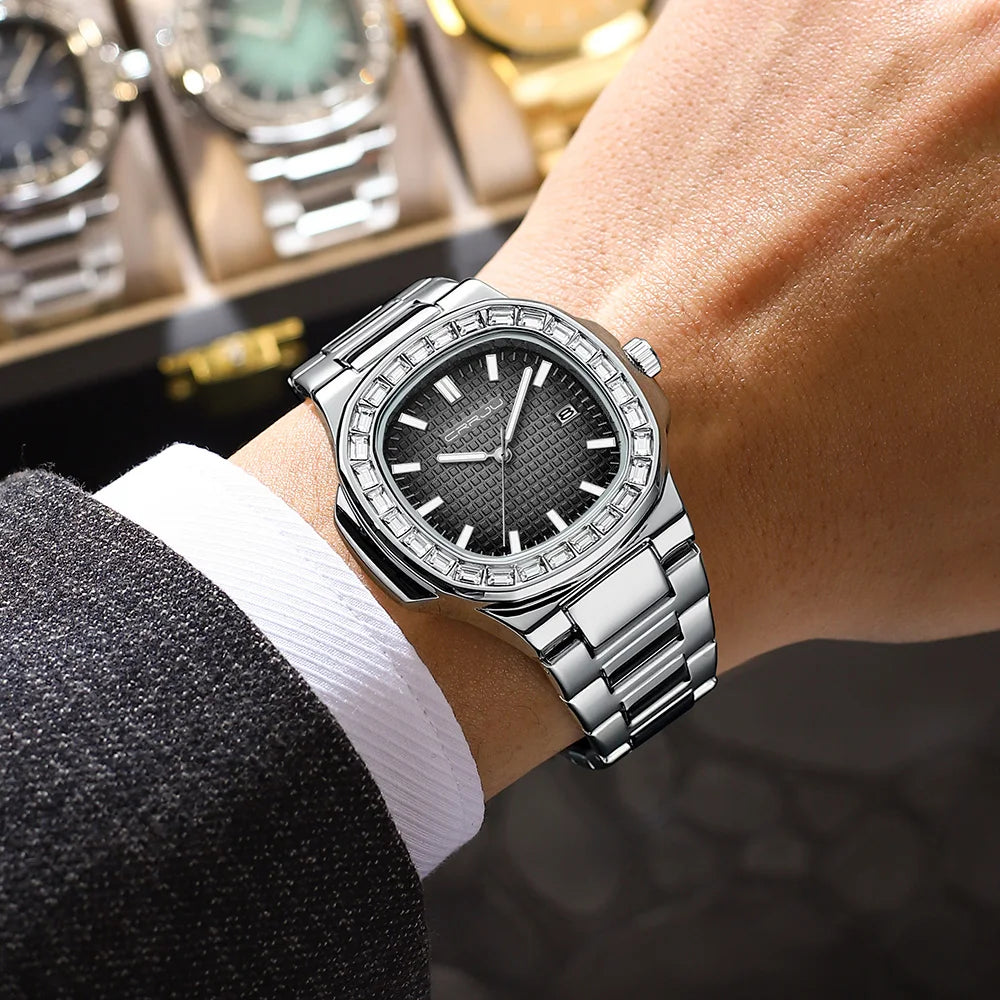 CRRJU Casual Business Diamond Clock Men Luxury Watch Automatic Watches Mens New Fashion Quartz Wristwatches Relogio Masculino