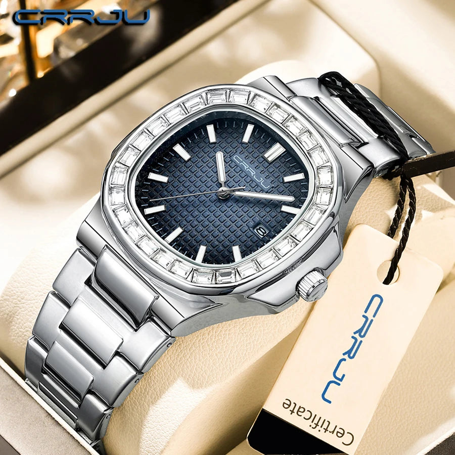 CRRJU Casual Business Diamond Clock Men Luxury Watch Automatic Watches Mens New Fashion Quartz Wristwatches Relogio Masculino