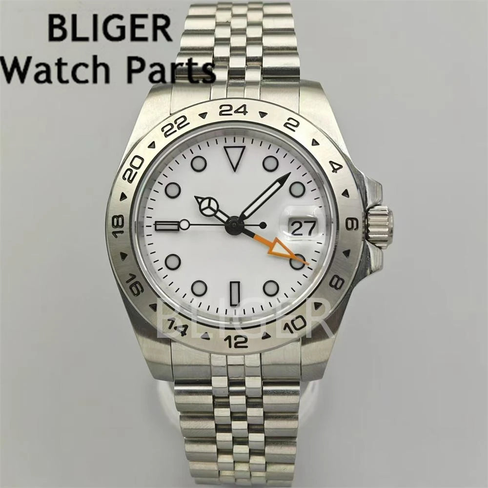 BLIGER NH34 GMT 40mm Luxur Mens Watches Mechanical Stainless Steel Waterproof Orange GMT Mark Sapphire Reloj Man for Watch