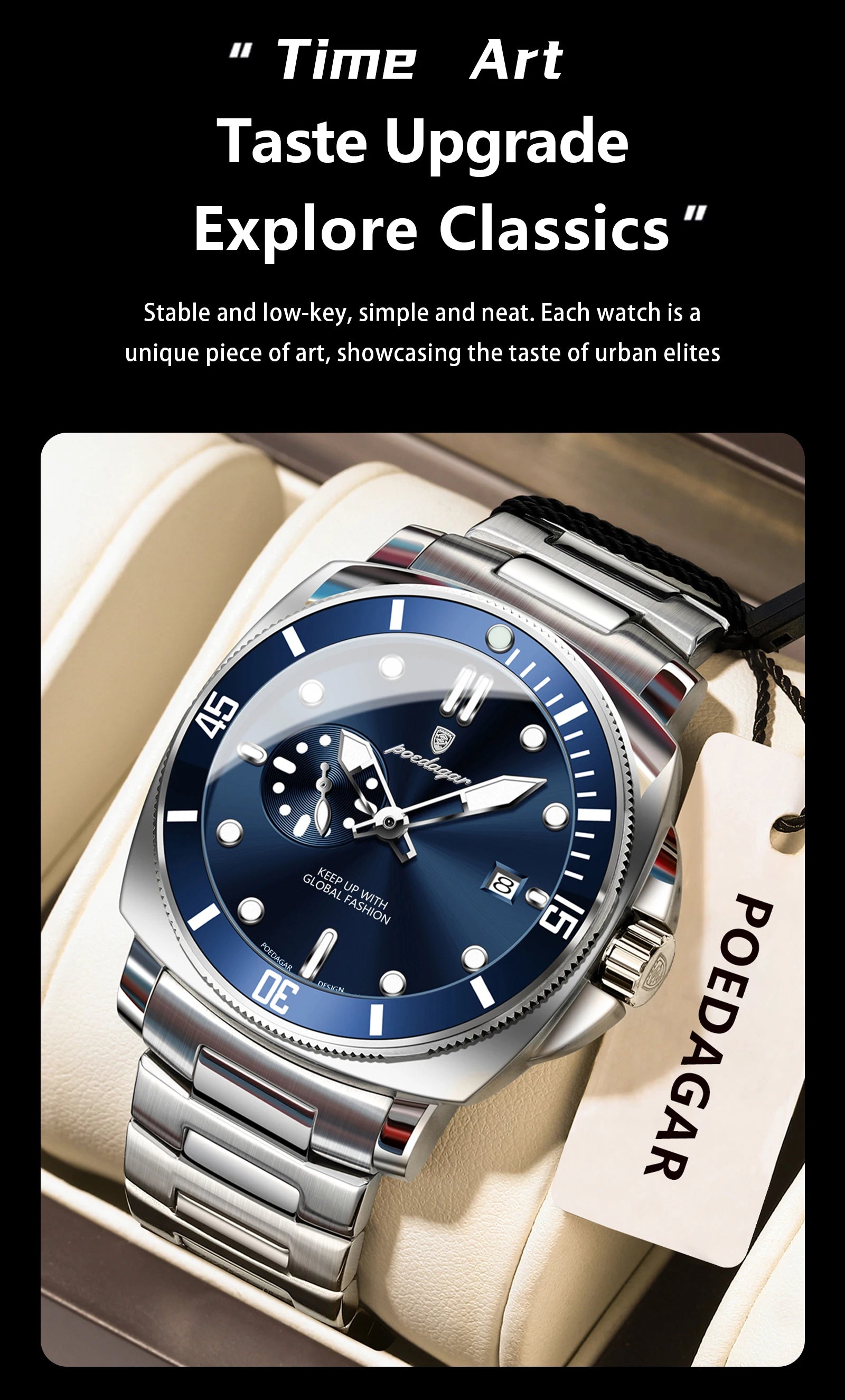 POEDAGAR Original Luxury Men's Watches Luminous Waterproof Date Business Watch Men Stainless Steel Fashion Quartz Man Wristwatch