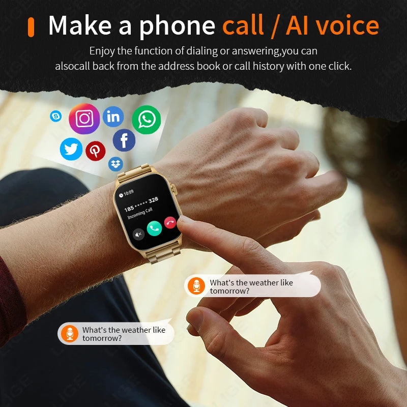 LIGE 2.01" HD Display Smart Watch For Men Women Health Monitor Sports Fitness Watches AI Voice Bluetooth Call Man Smartwatch New