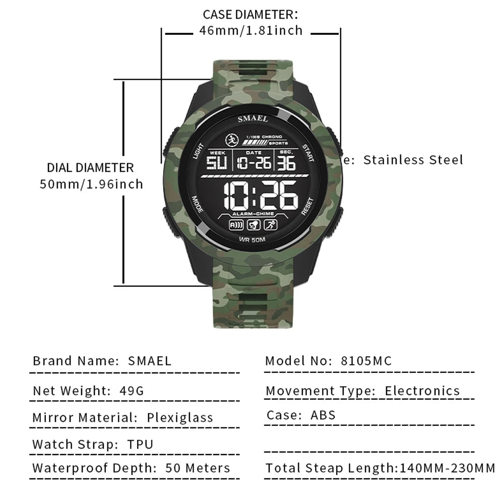 SMAEL Watch 8105 Camo Strap Men Sports Multifunctional Watches Waterproof Shock Digital Display LED Wristwatch for Man