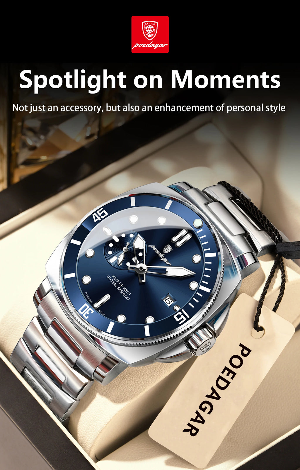 POEDAGAR Original Luxury Men's Watches Luminous Waterproof Date Business Watch Men Stainless Steel Fashion Quartz Man Wristwatch