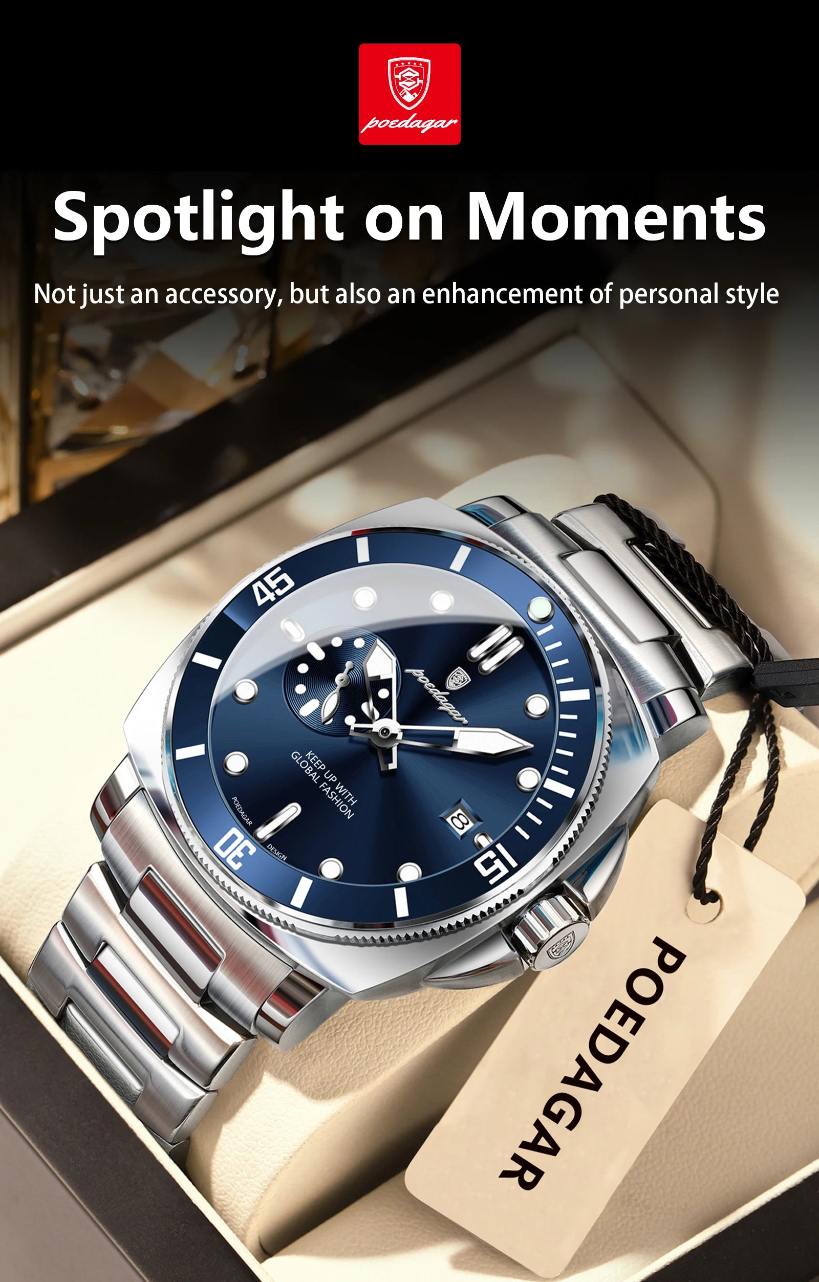 POEDAGAR Original Luxury Men's Watches Luminous Waterproof Date Business Watch Men Stainless Steel Fashion Quartz Man Wristwatch