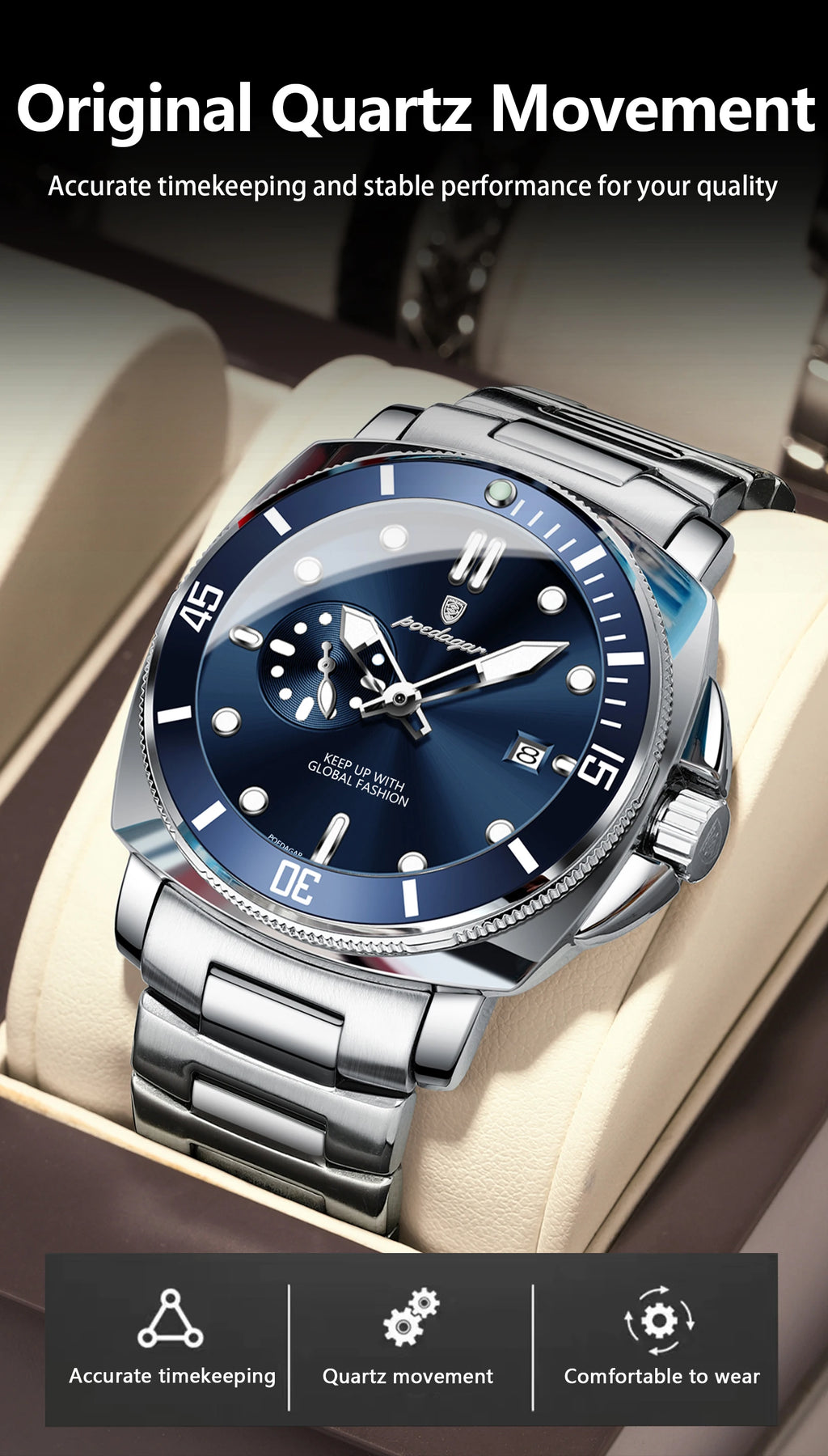 POEDAGAR Original Luxury Men's Watches Luminous Waterproof Date Business Watch Men Stainless Steel Fashion Quartz Man Wristwatch