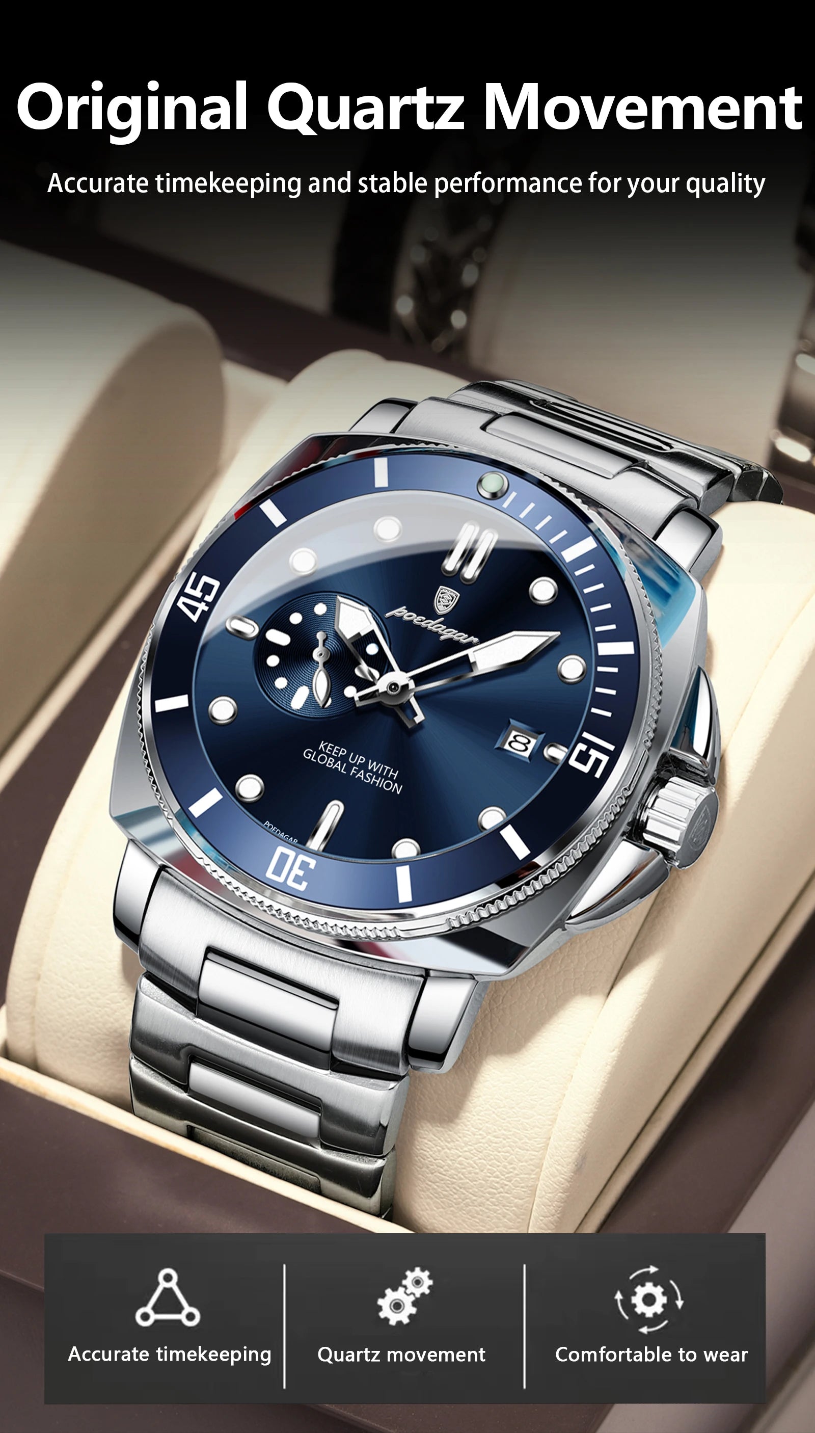 POEDAGAR Original Luxury Men's Watches Luminous Waterproof Date Business Watch Men Stainless Steel Fashion Quartz Man Wristwatch