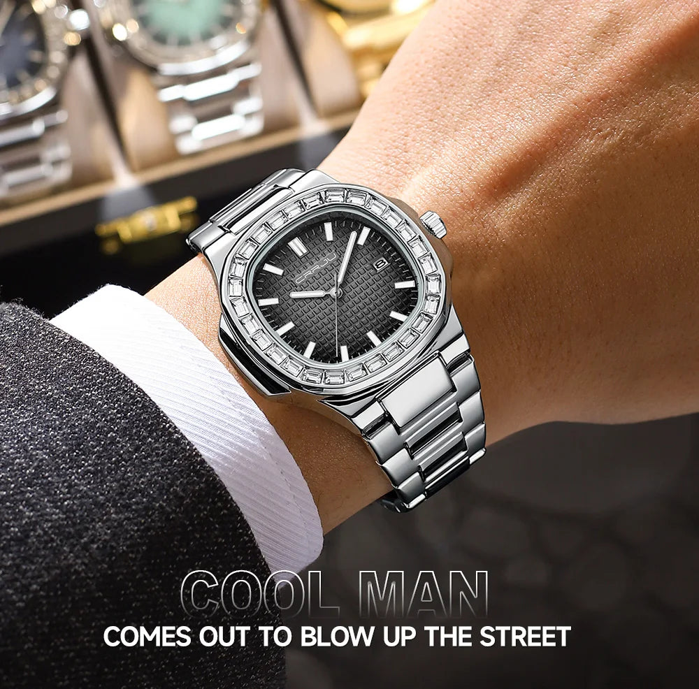 CRRJU Casual Business Diamond Clock Men Luxury Watch Automatic Watches Mens New Fashion Quartz Wristwatches Relogio Masculino