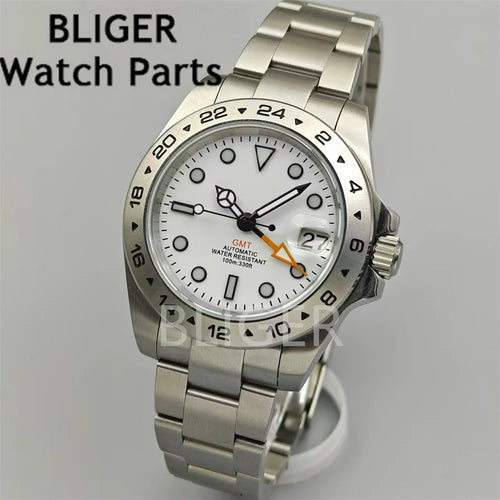 BLIGER NH34 GMT 40mm Luxur Mens Watches Mechanical Stainless Steel Waterproof Orange GMT Mark Sapphire Reloj Man for Watch