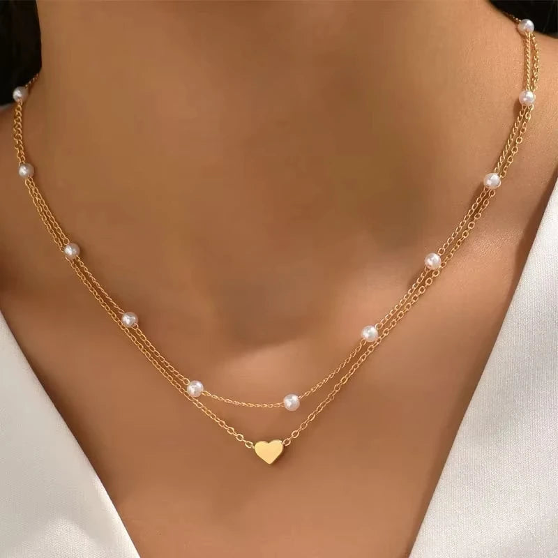Multilayer Pearl Cross Love Heart Pendant Necklaces for Women Gold Color Fashion Collarbone Neck Chain 2024 Trend Jewelry