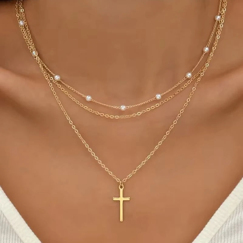 Multilayer Pearl Cross Love Heart Pendant Necklaces for Women Gold Color Fashion Collarbone Neck Chain 2024 Trend Jewelry