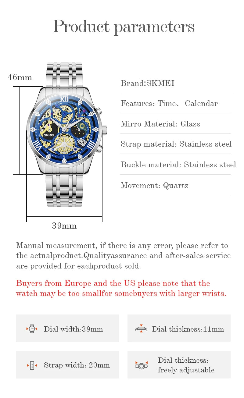 SKMEI Top Brand Luxury Full Steel Business Watches Mens 3Bar Waterproof Japan Quartz movement Calendar Wristwatches reloj hombre