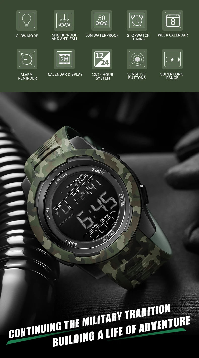 SMAEL Watch 8105 Camo Strap Men Sports Multifunctional Watches Waterproof Shock Digital Display LED Wristwatch for Man