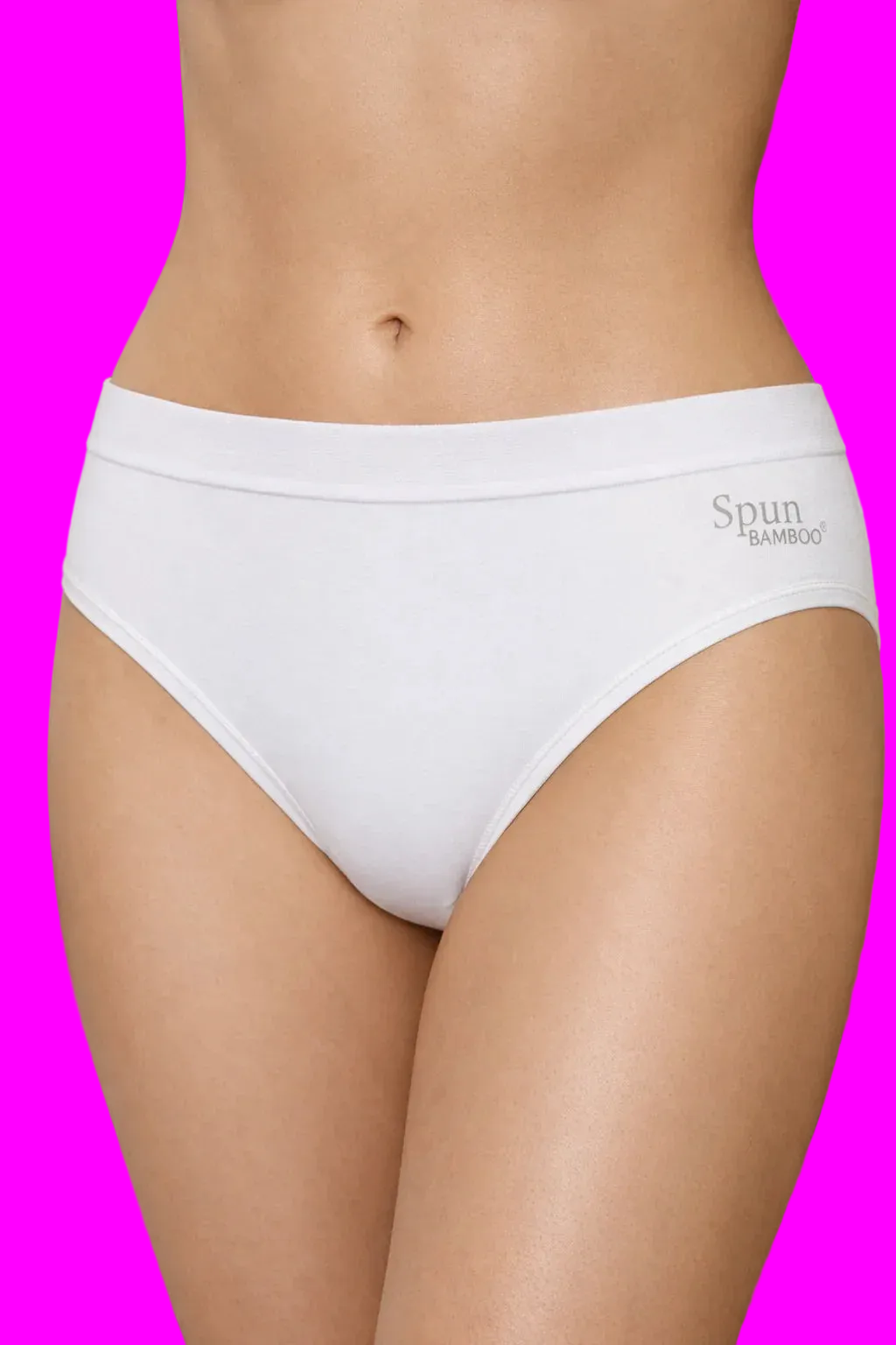 White bamboo underwear with 'Spun Bamboo' branding against a natural background